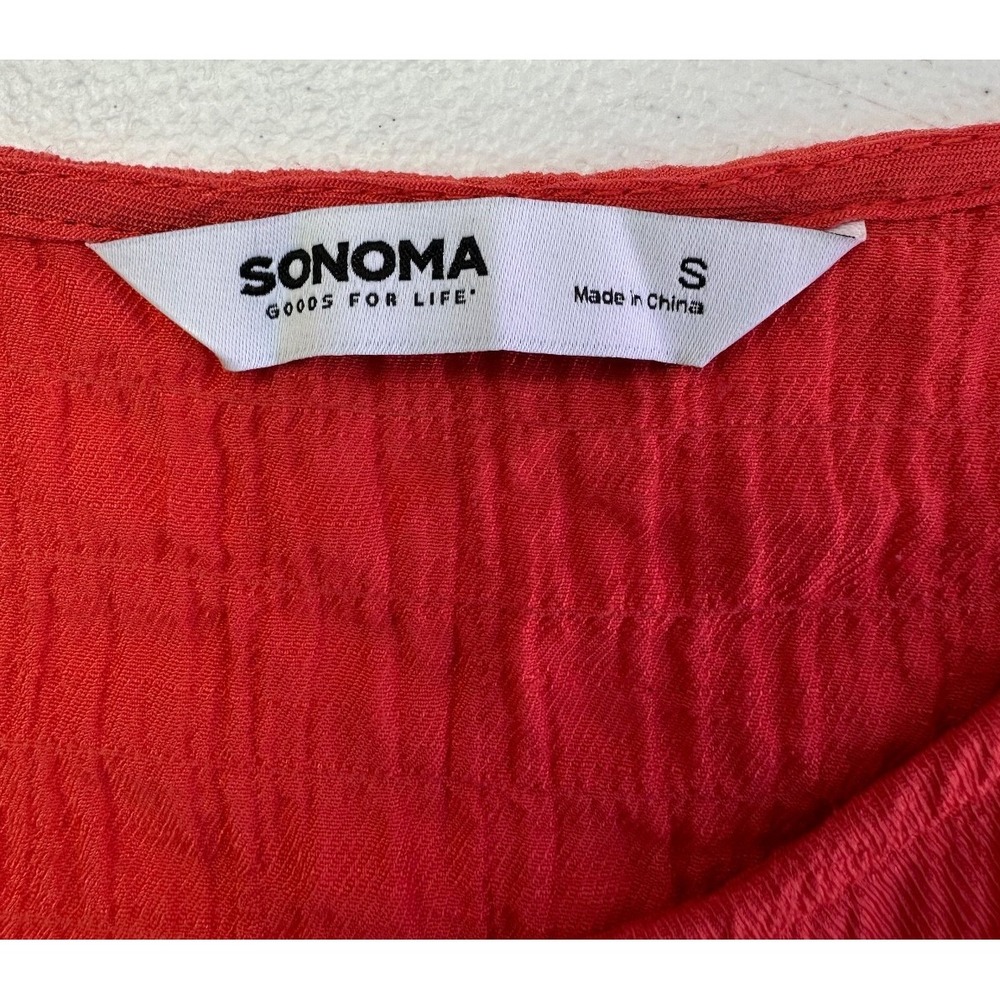 Sonoma Coral Orange Tiered Crinkle Dress S Boho Cottagecore Ruffle Pockets Coast - Picture 8 of 14